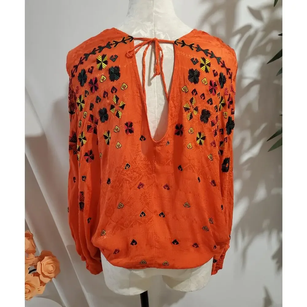 Free People Music In Time Embroidered Beaded V-Neck Blouse Top Sz S Orange Boho